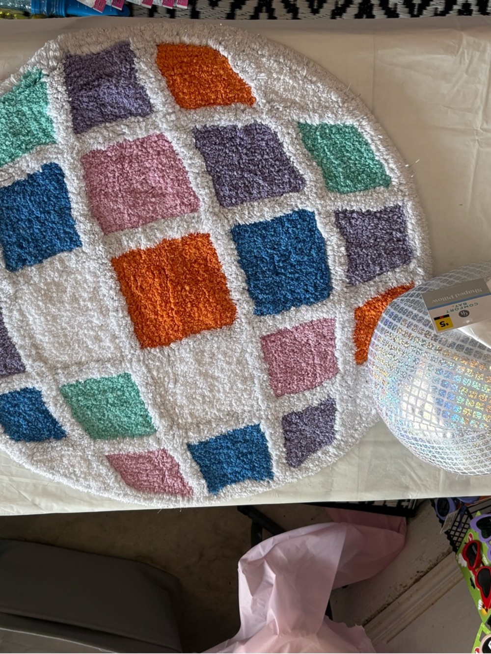 Round Shag Rug with Colorful Squares